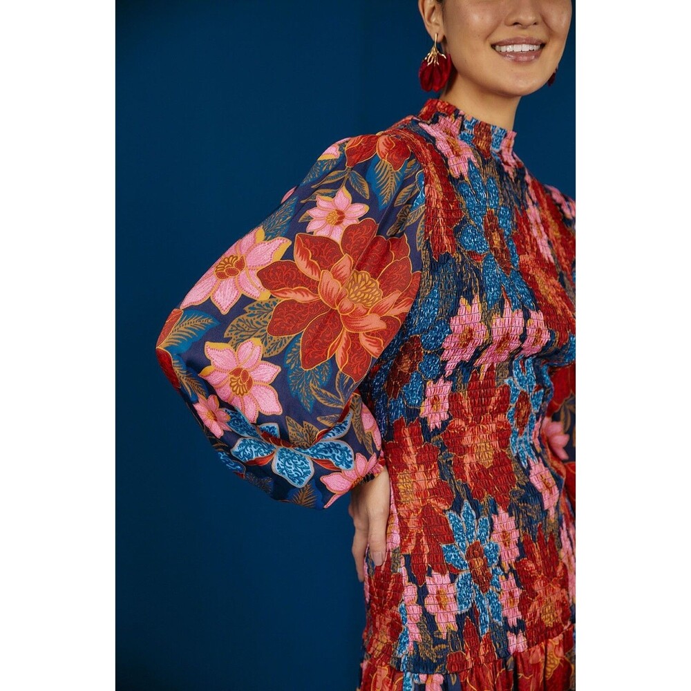 Farm Rio Mini Dress, Smocked, Long sleeve, Garden Navy, Size XL, New Retail $245 - Picture 3 of 8